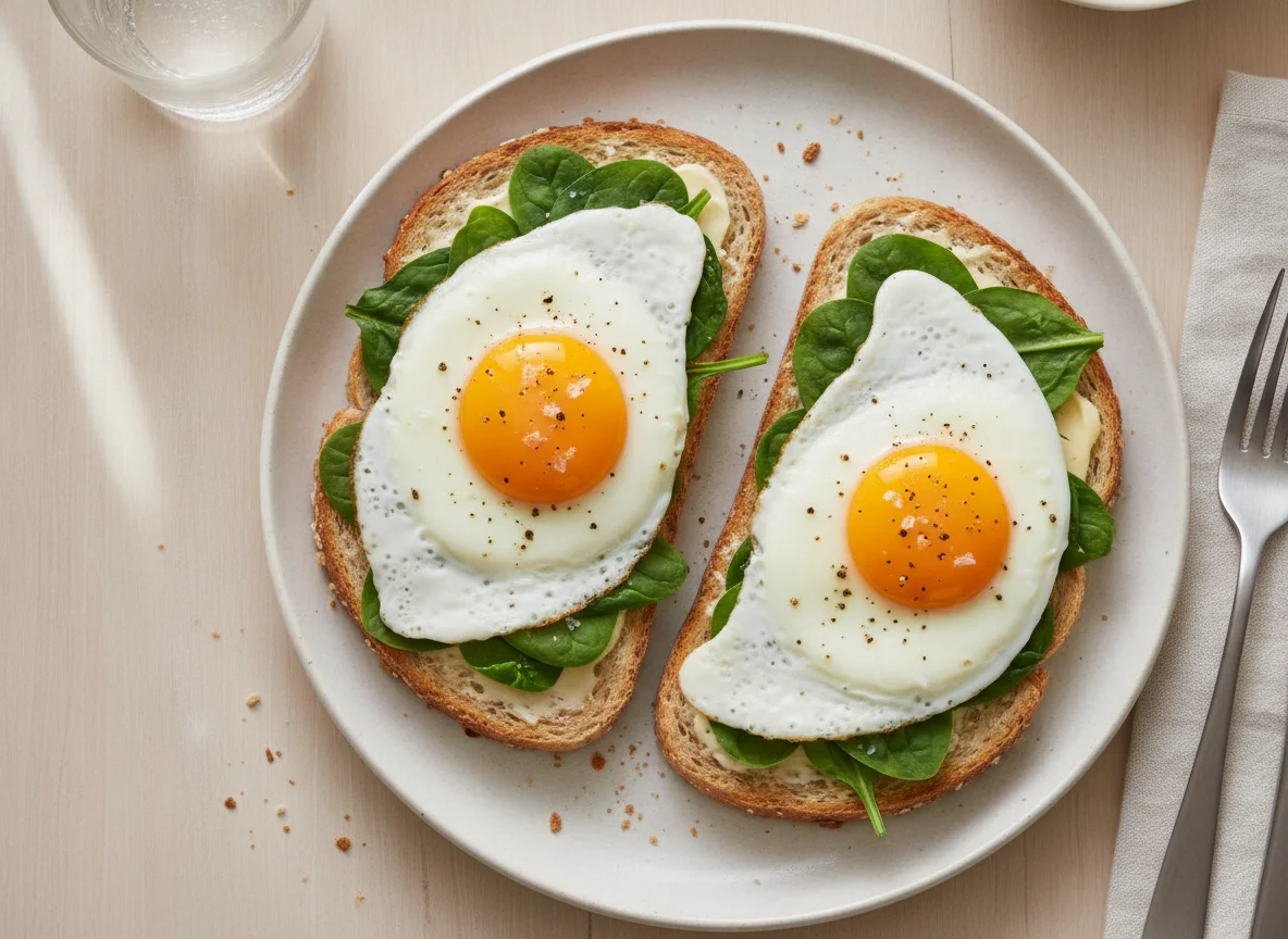 Fried egg and spinach on toast photo