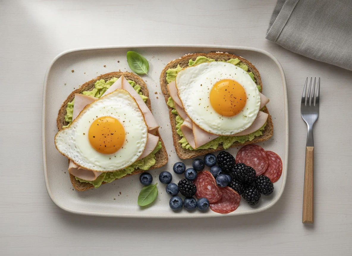 Fried egg and turkey sandwiches with berries and salami photo