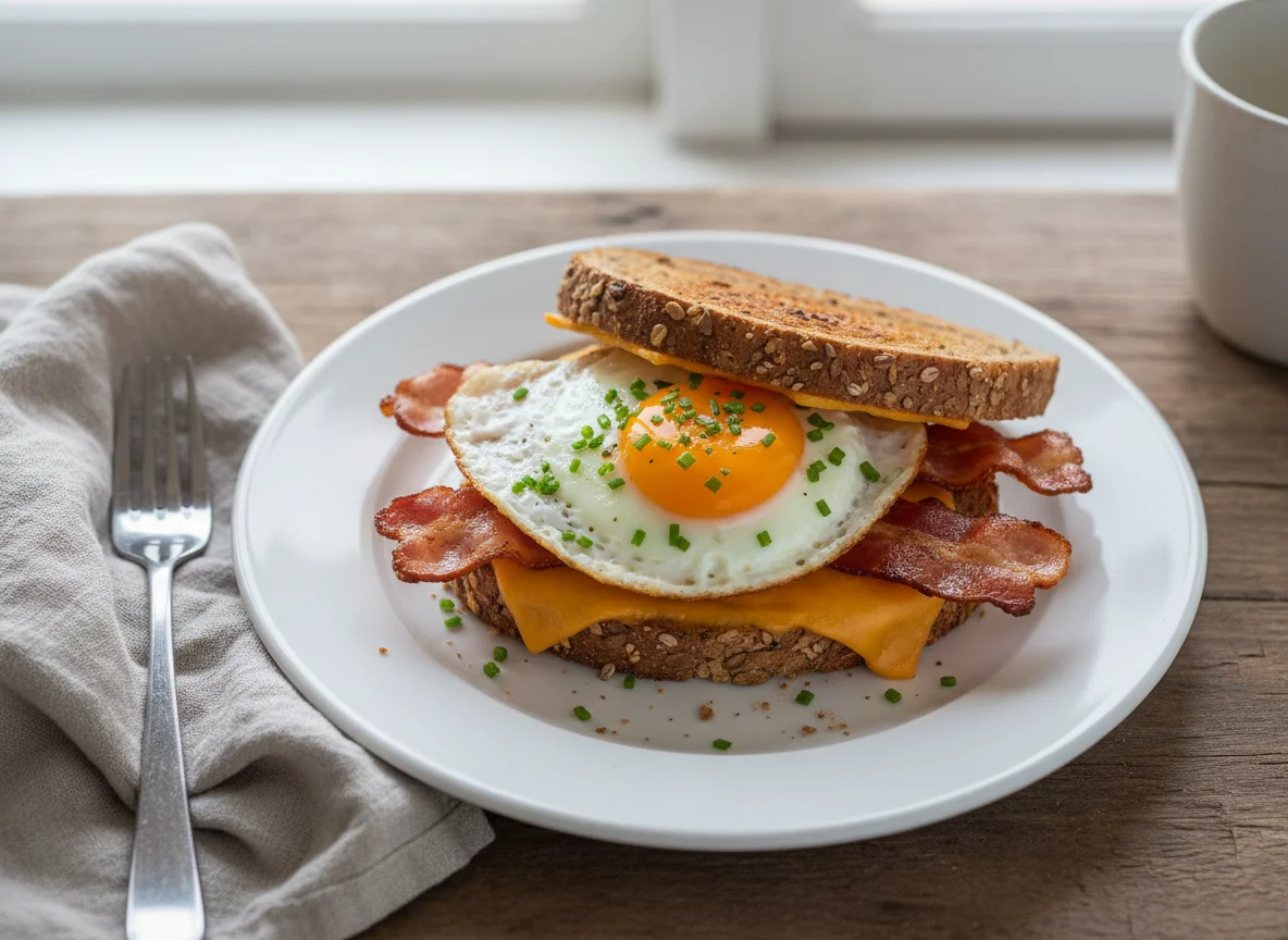 Fried egg, bacon and cheese sandwich photo