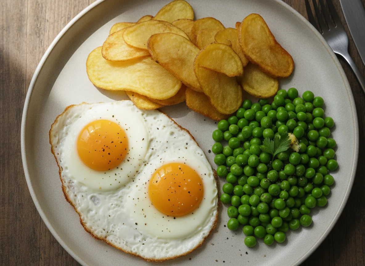 Fried Egg, Chips and Peas photo