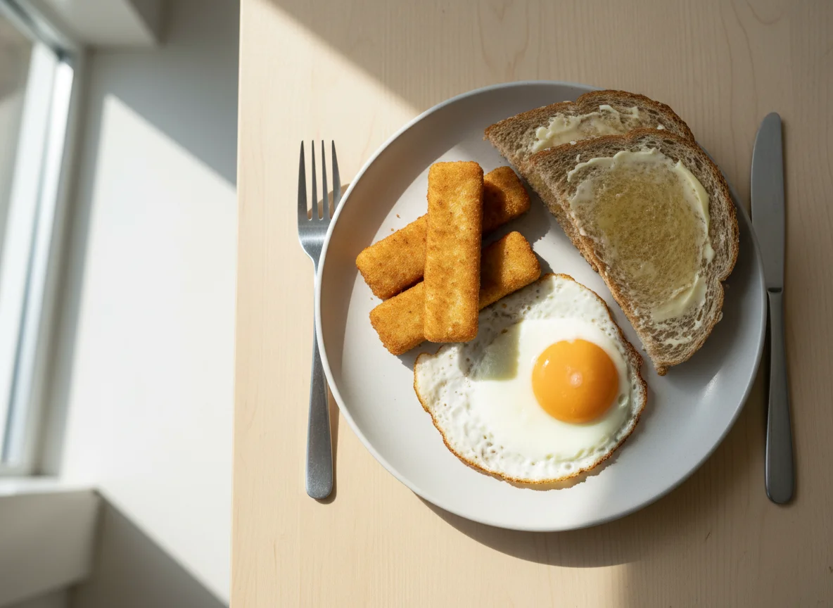 Fried Egg, Fish Sticks, and Buttered Toast photo