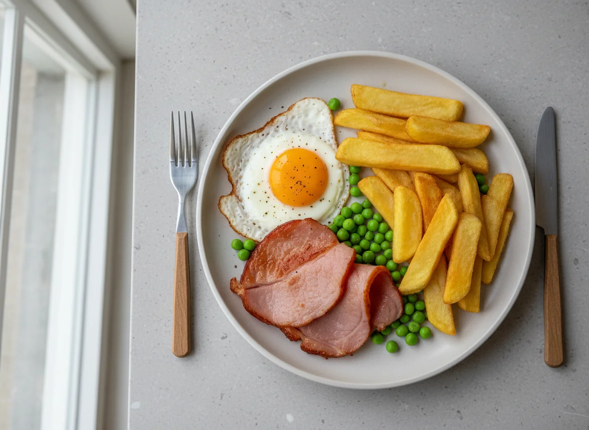 Fried Egg, Ham, Peas and Chips photo