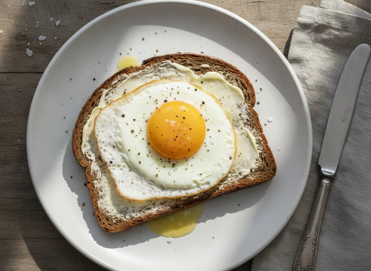 Fried egg on rye bread photo