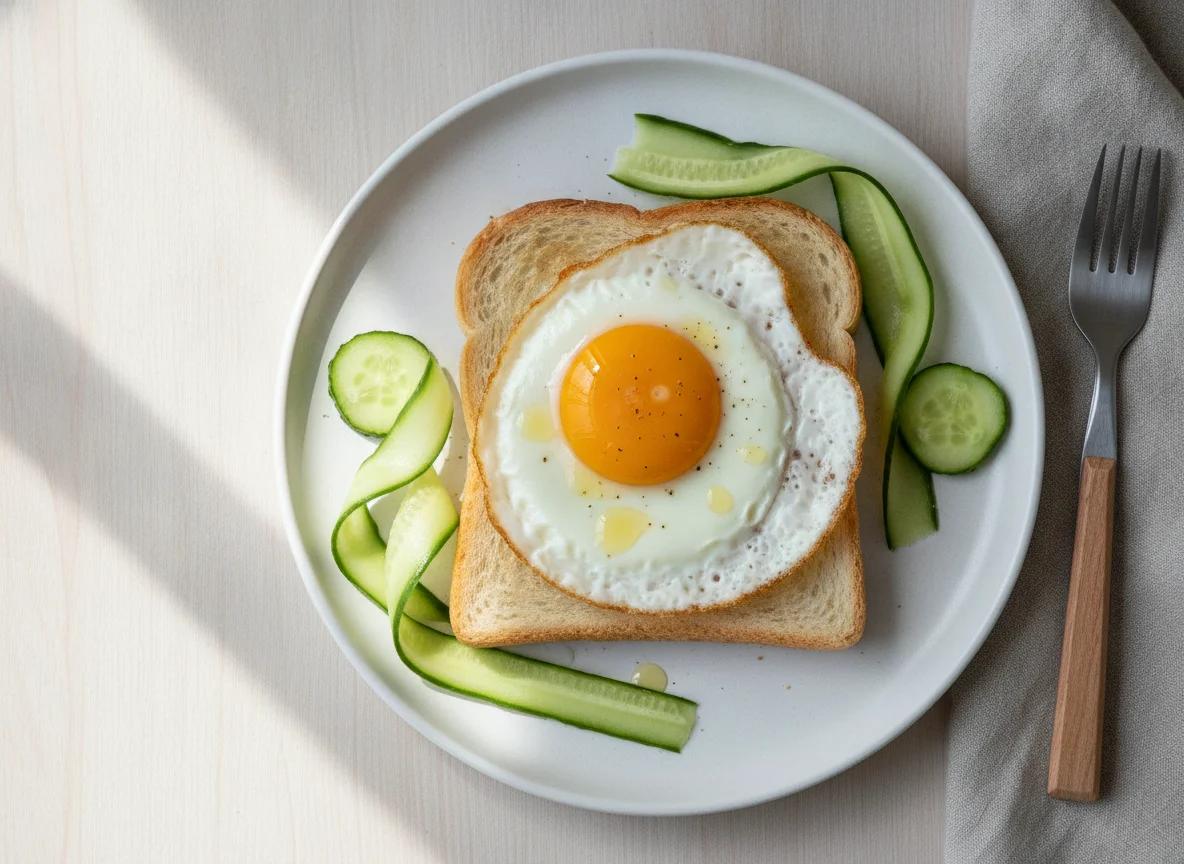 Fried egg on toast with cucumber photo