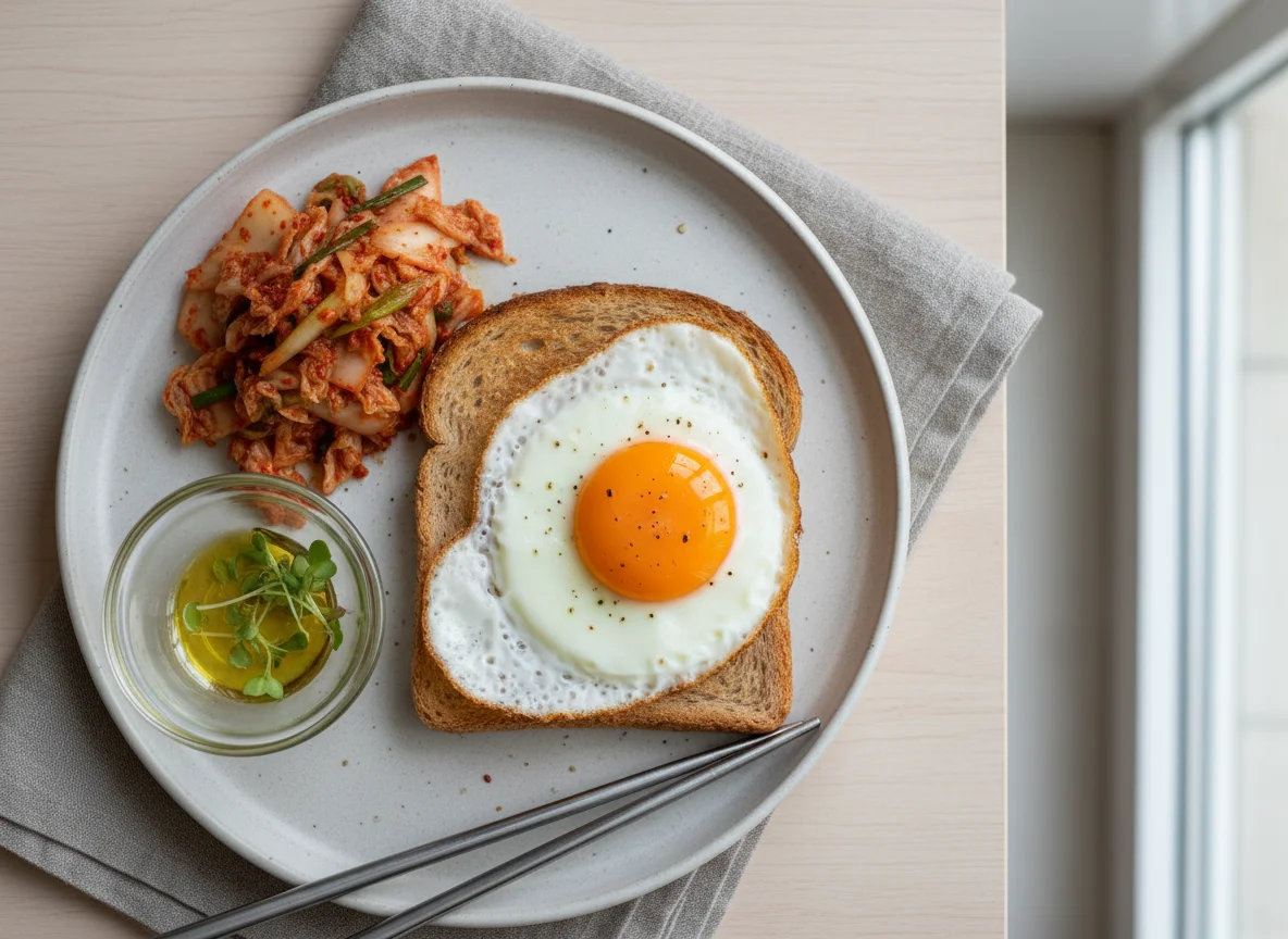 Fried Egg on Toast with Kimchi photo