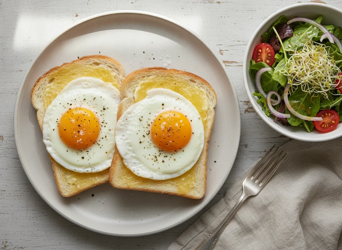 Fried egg on toast with side salad photo