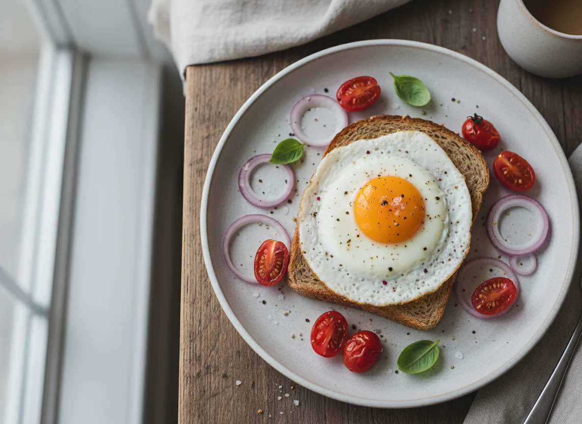 Fried Egg on Toast with Vegetables photo