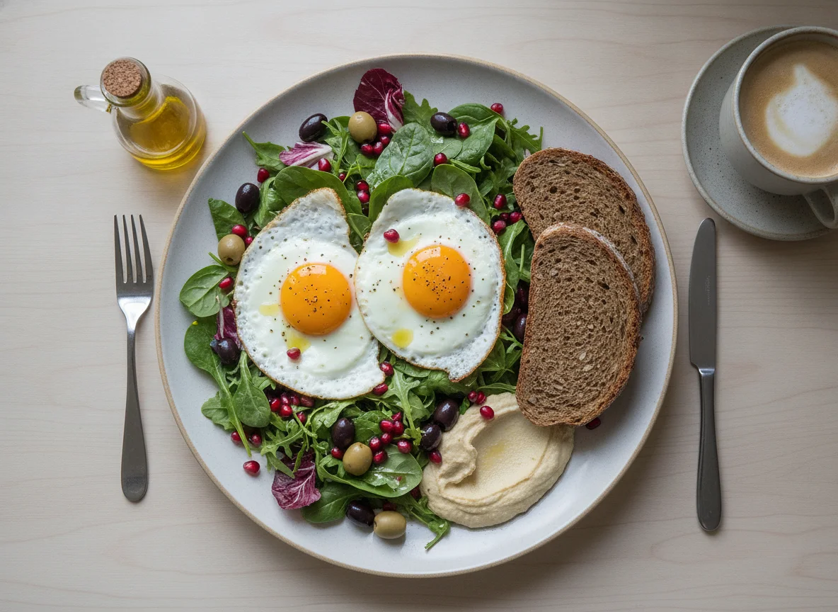 Fried egg salad with rye bread and coffee photo