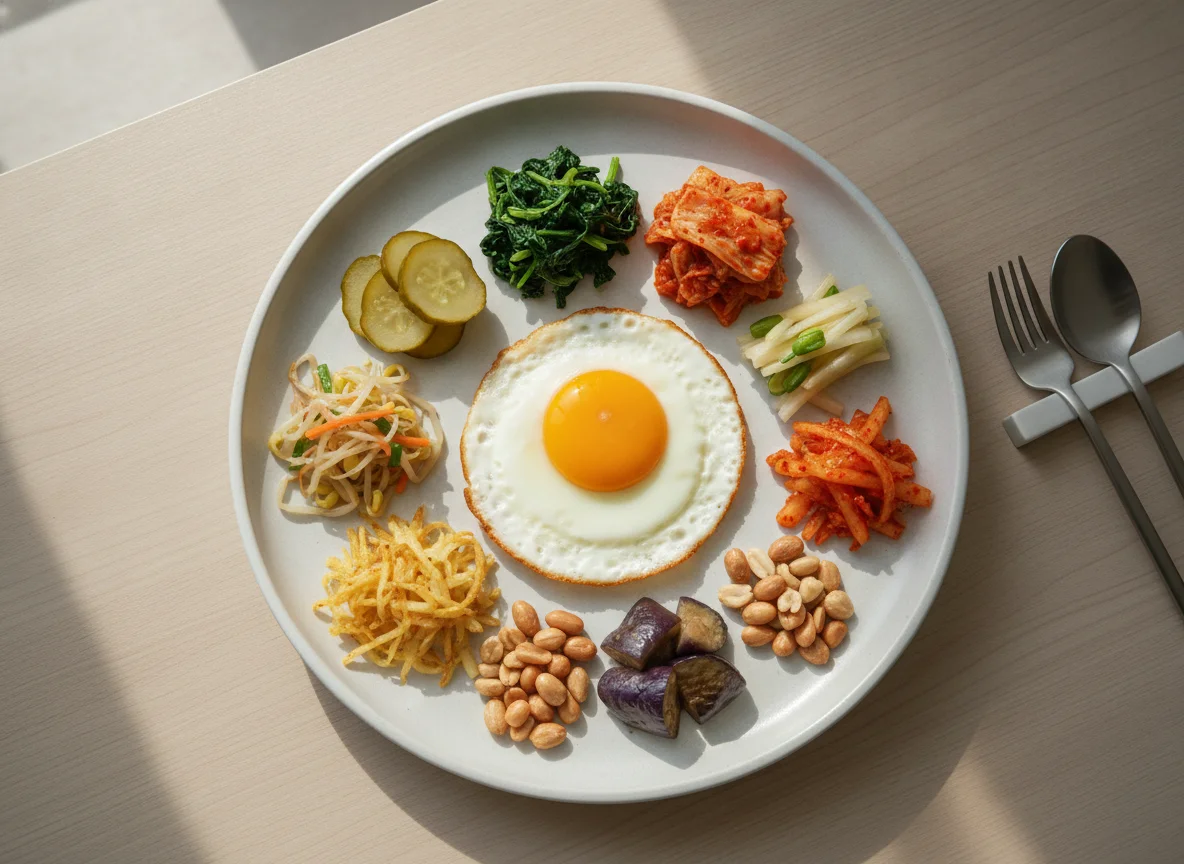 Fried Egg with Assorted Vegetable Side Dishes photo