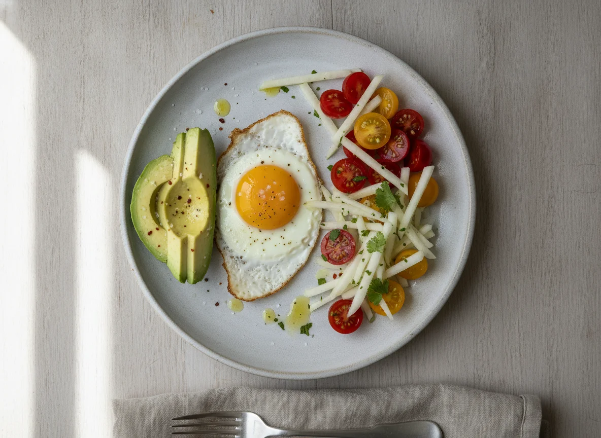 Fried egg with avocado, cherry tomatoes, and jicama photo