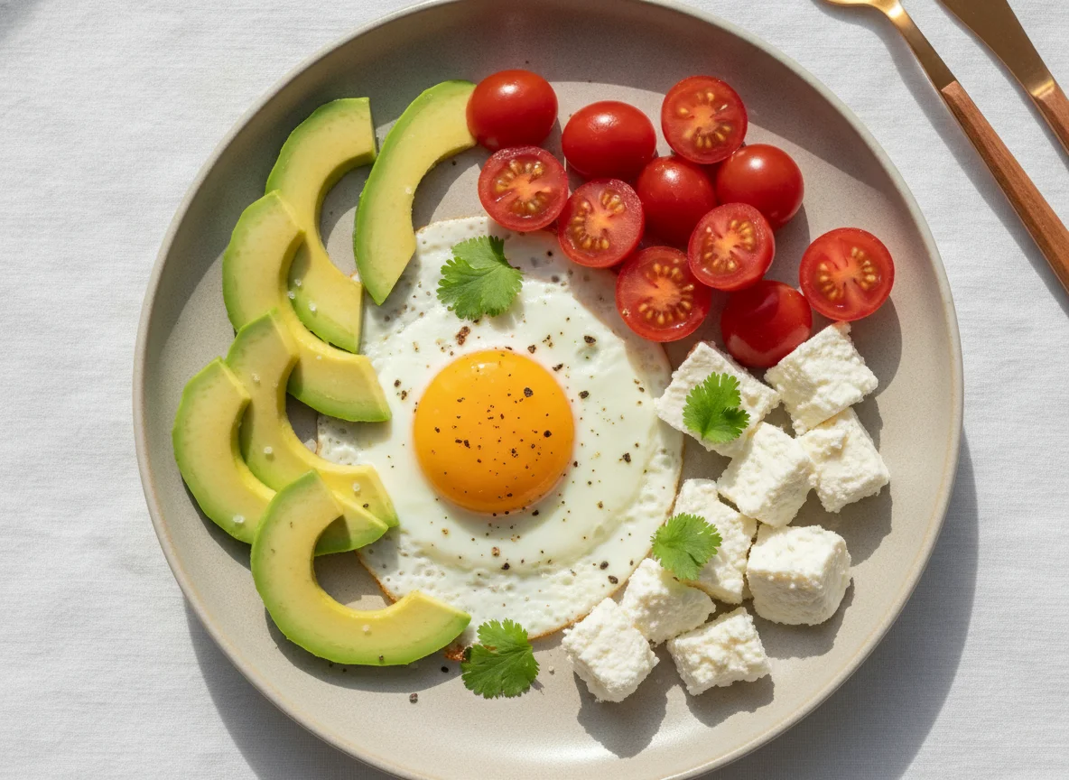 Fried egg with avocado, cherry tomatoes, and white cheese photo