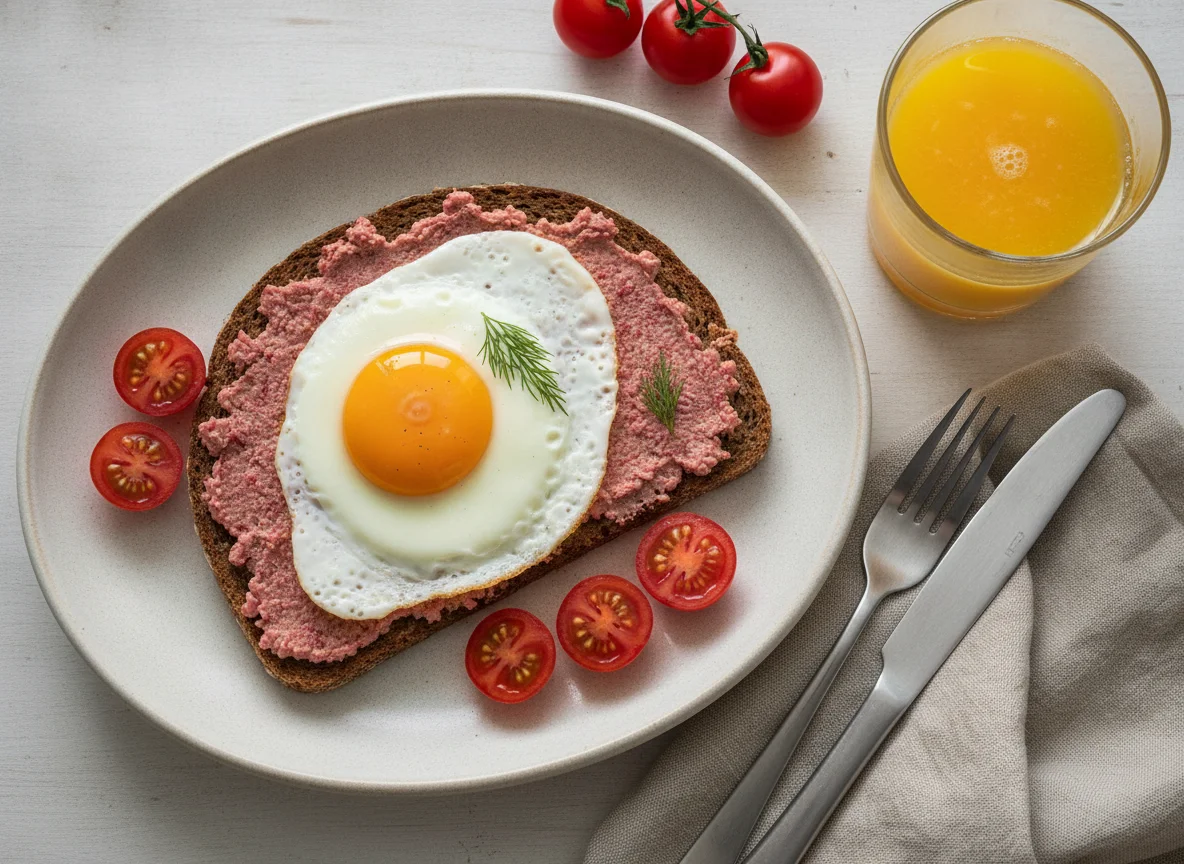 Fried egg with bread, spread, cherry tomatoes and orange juice photo