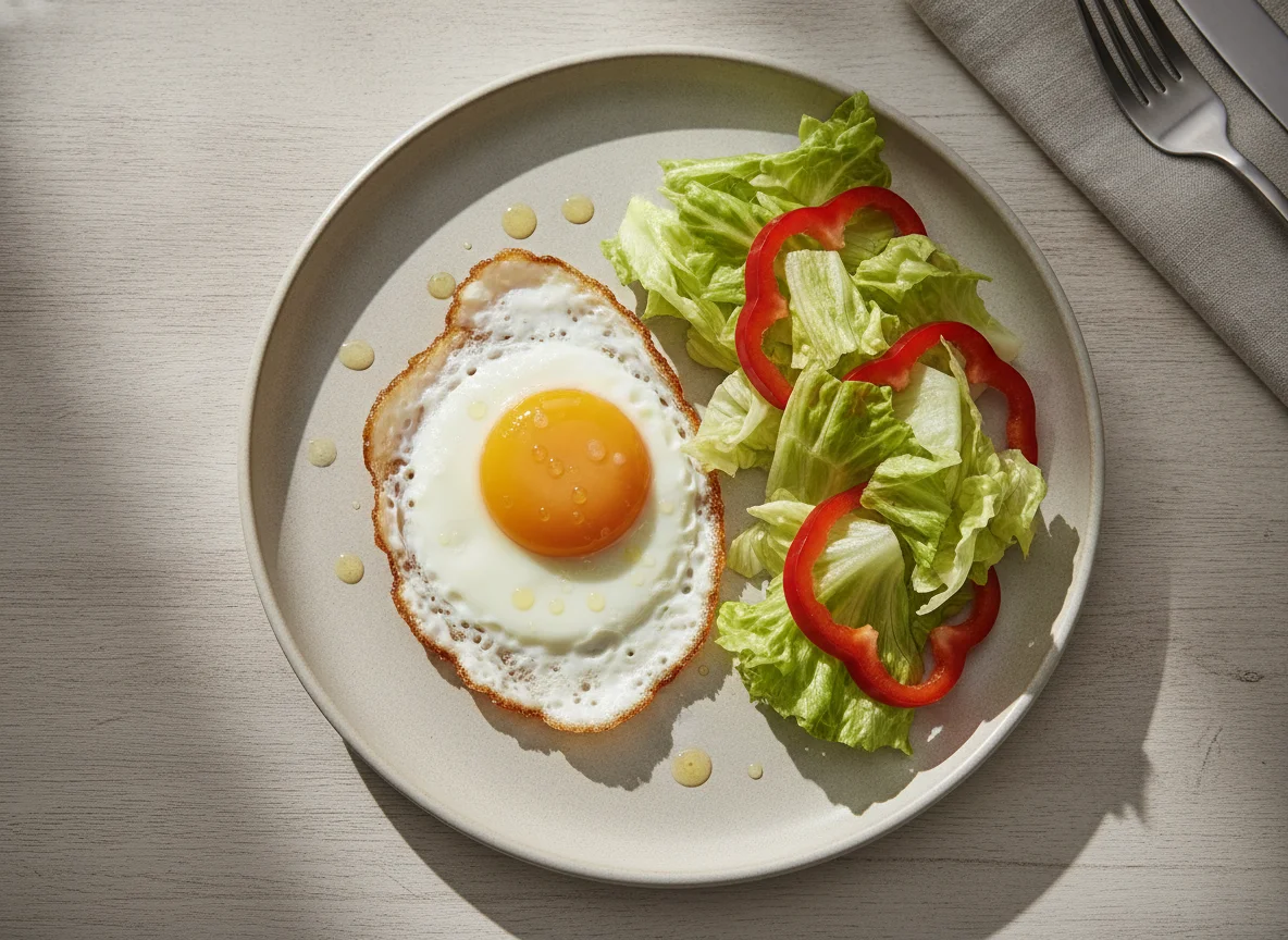Fried egg with iceberg lettuce and red bell pepper photo