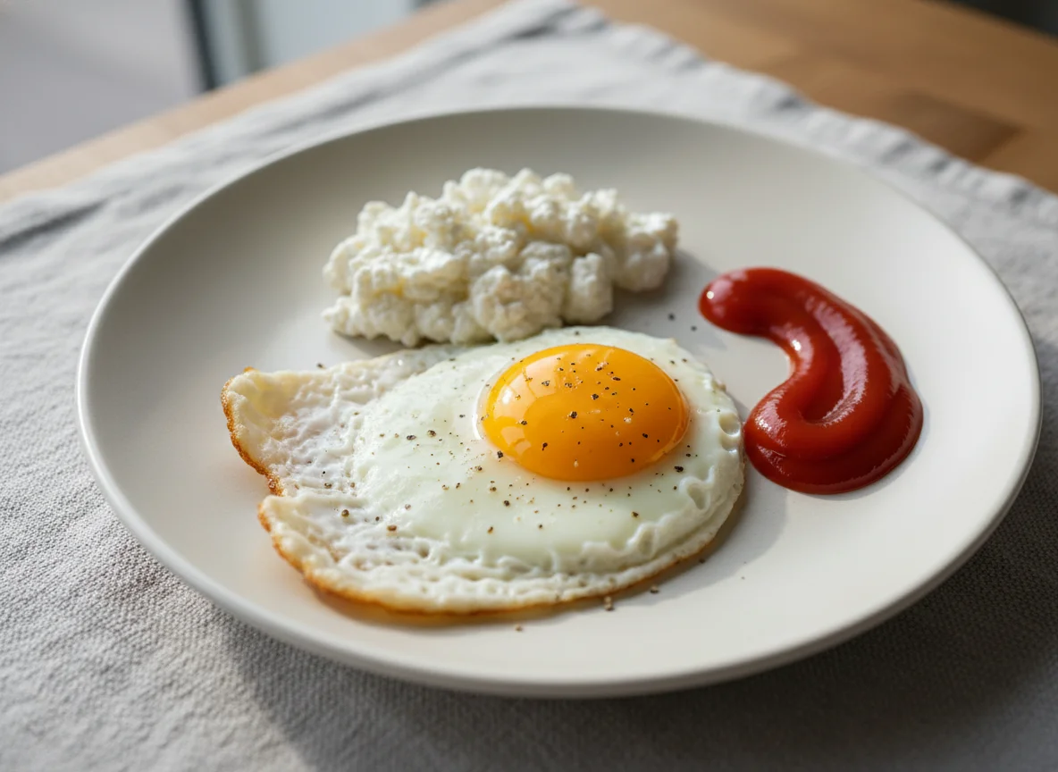 Fried Egg with Ketchup and Cottage Cheese photo