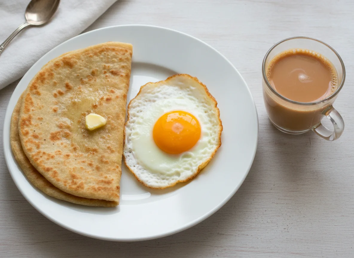 Fried egg with paratha and milk tea photo