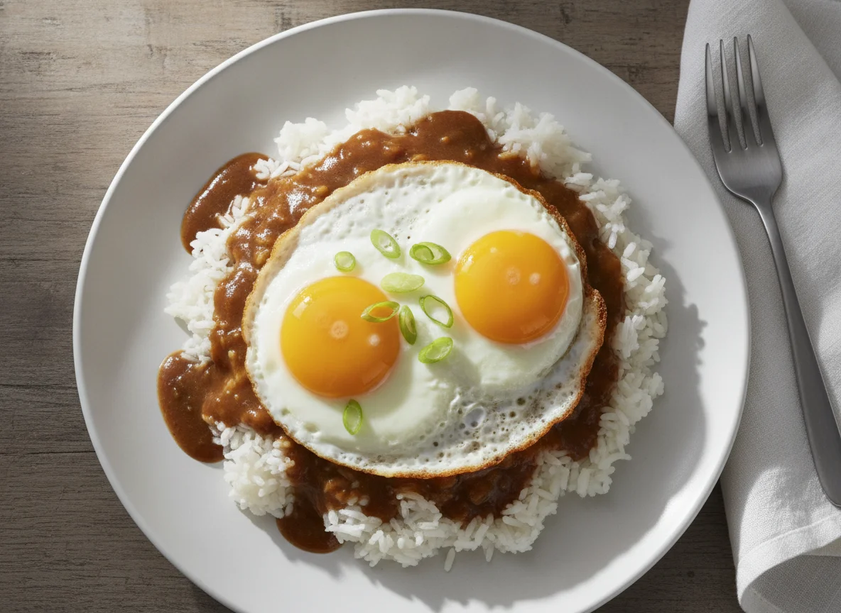 Fried Egg with Rice and Gravy photo