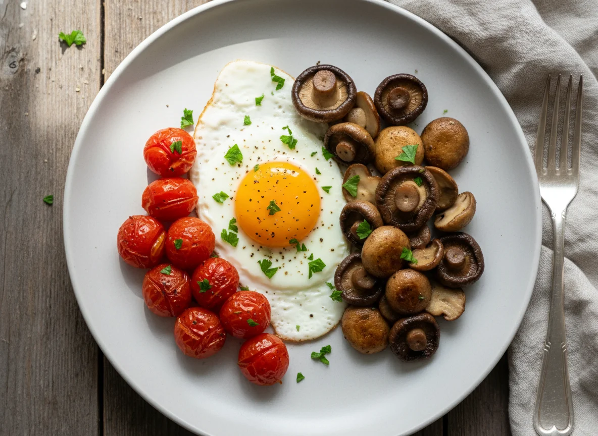 Fried Egg with Roasted Tomatoes and Mushrooms photo