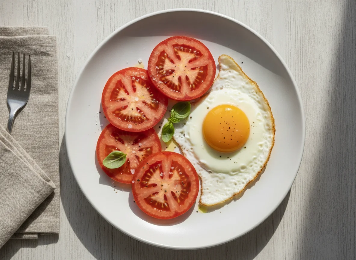 Fried egg with sliced tomatoes photo