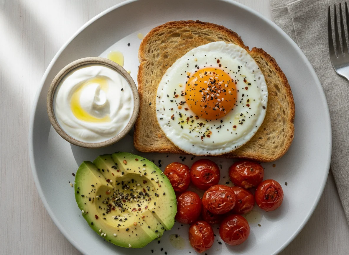 Fried egg with sourdough toast, avocado, cherry tomatoes and greek yogurt photo