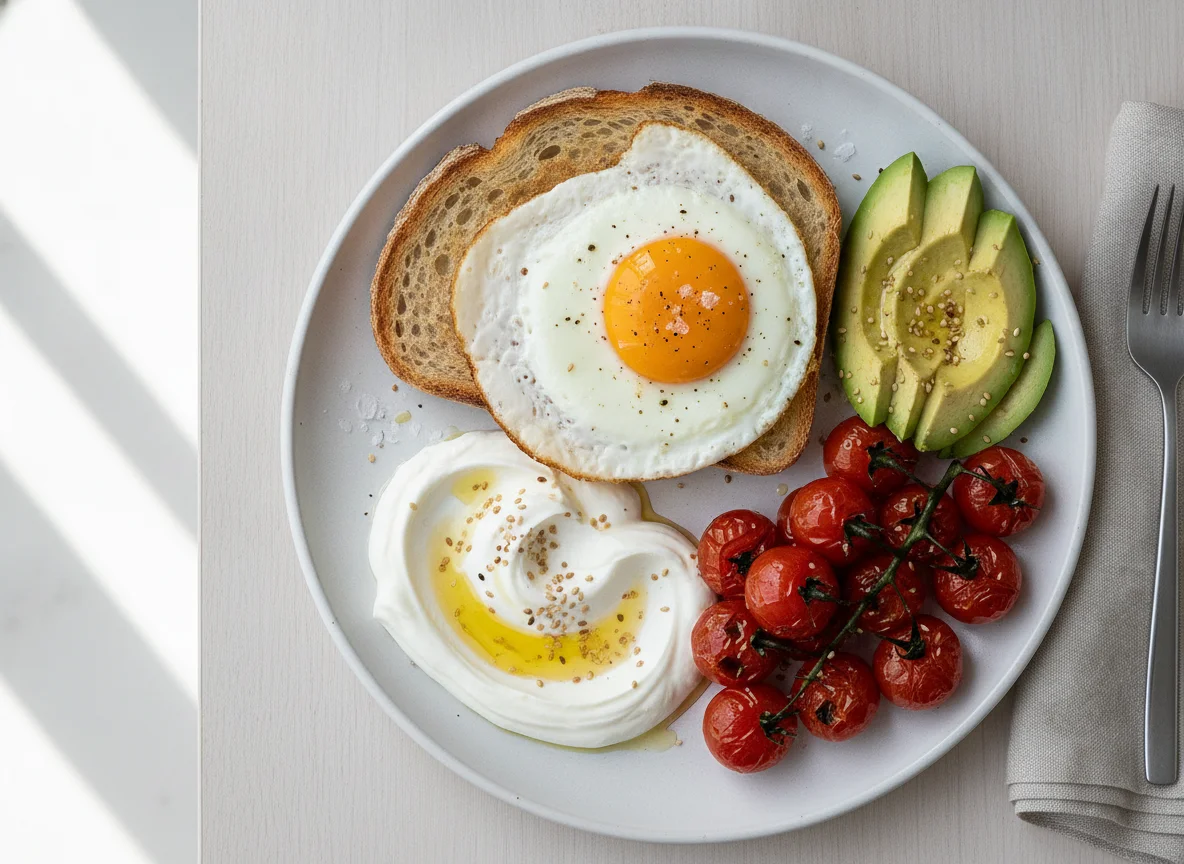 Fried egg with sourdough toast, avocado, tomatoes and greek yogurt photo