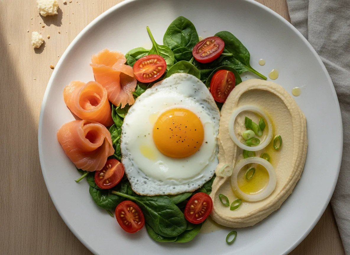 Fried egg with spinach, tomatoes, smoked salmon and hummus photo