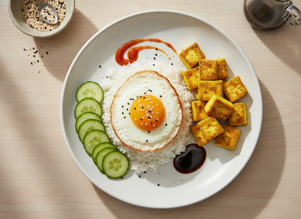 Fried Egg with Tofu and Rice photo
