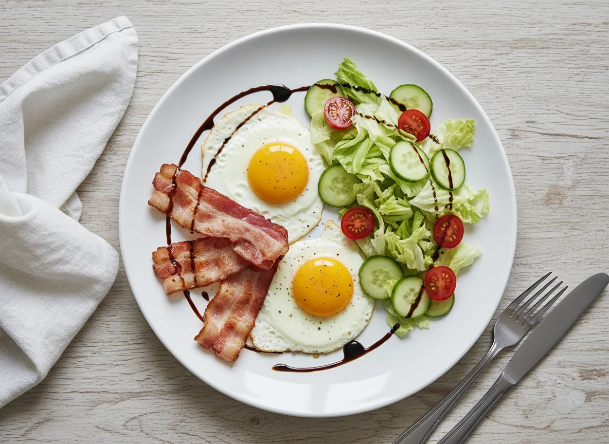Fried Eggs and Bacon with Salad photo