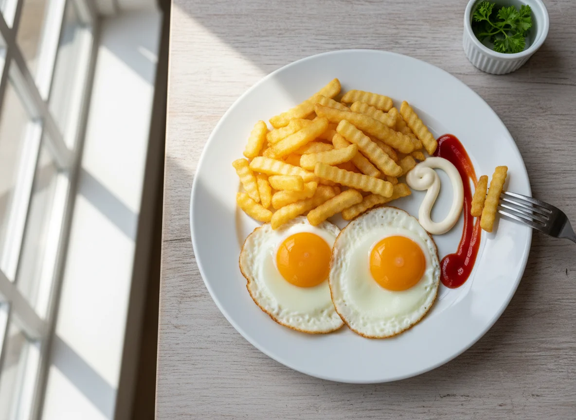 Fried Eggs and Chips with Sauces photo