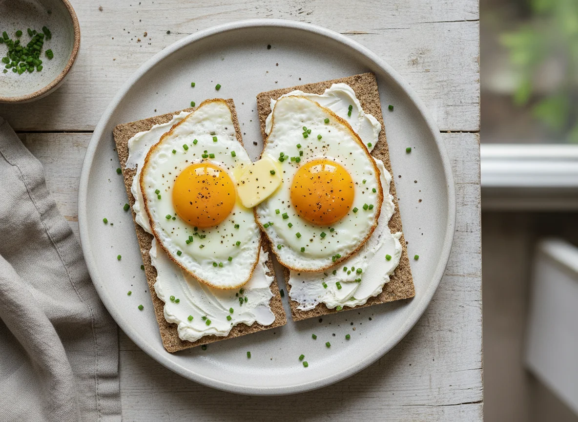 Fried Eggs and Crispbread with Spread photo