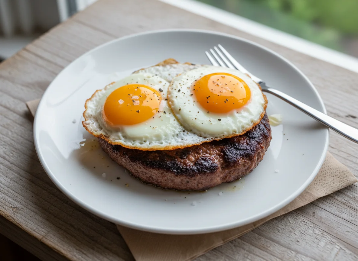Fried Eggs and Hamburger Patty photo