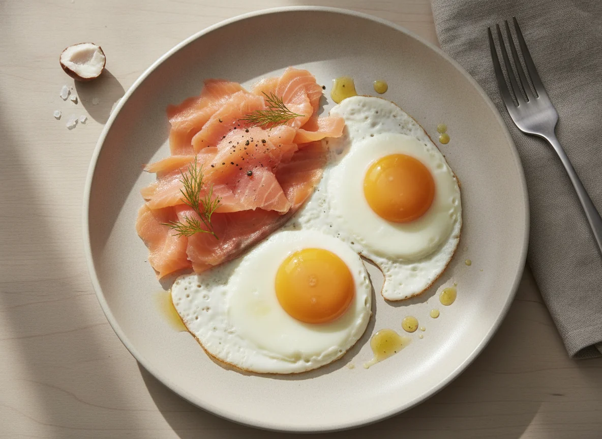 Fried eggs and smoked salmon photo