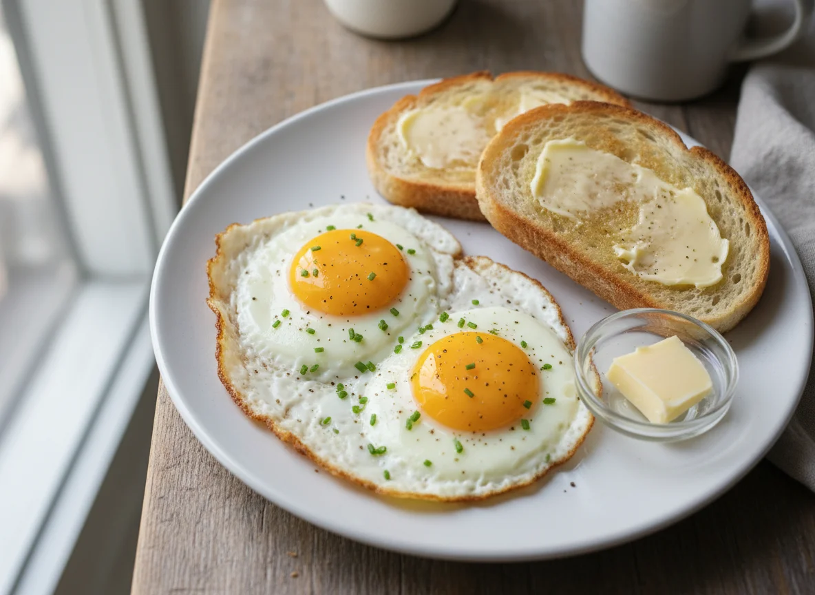 Fried Eggs and Toast with Butter photo