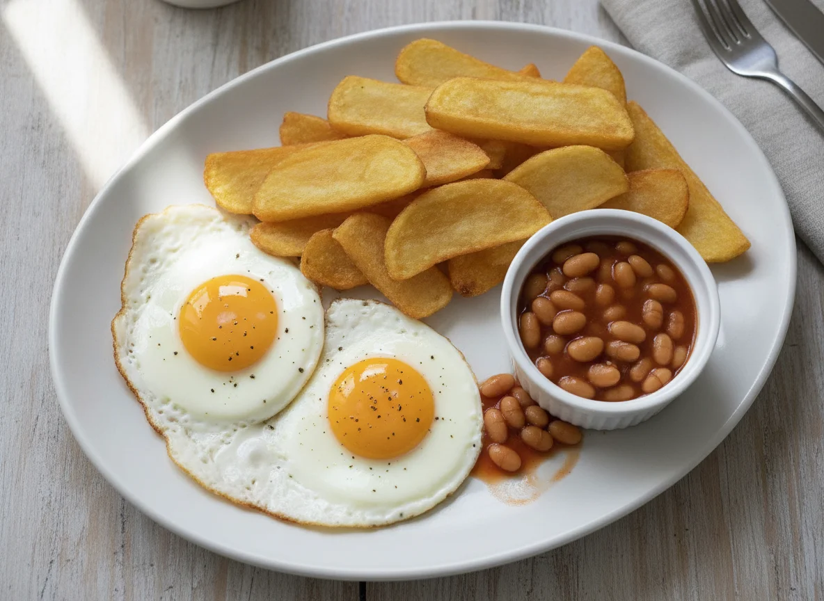 Fried Eggs, Chips and Baked Beans photo