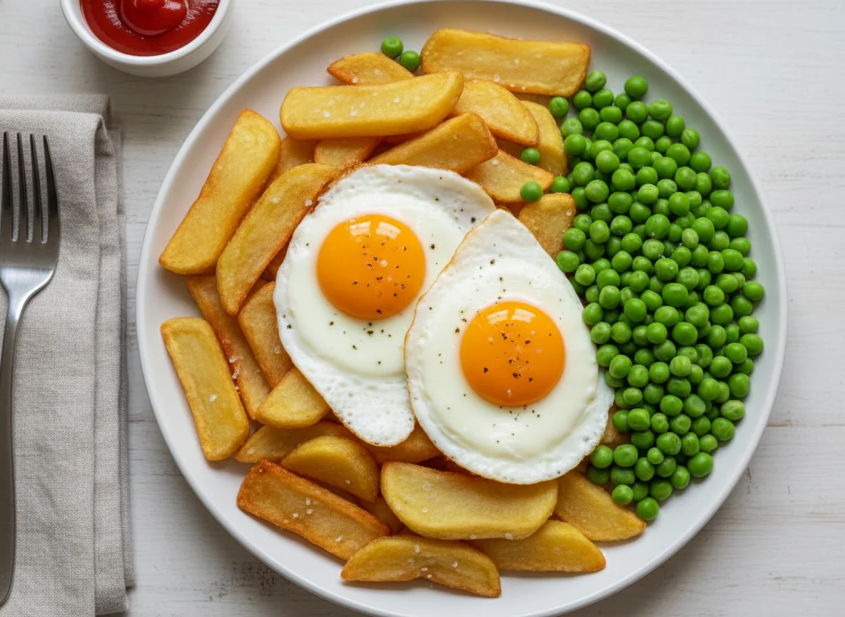 Fried Eggs, Chips and Peas photo