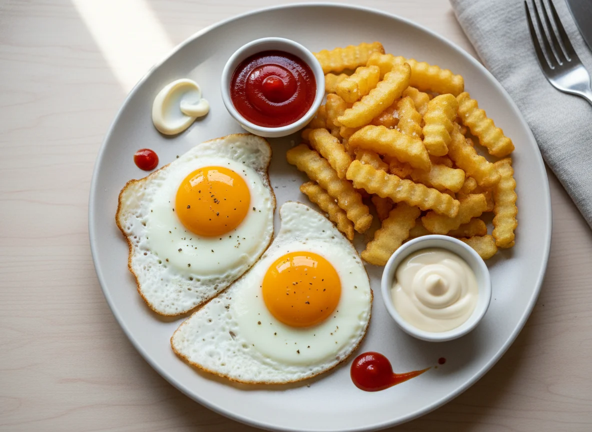 Fried eggs, chips, and sauces photo
