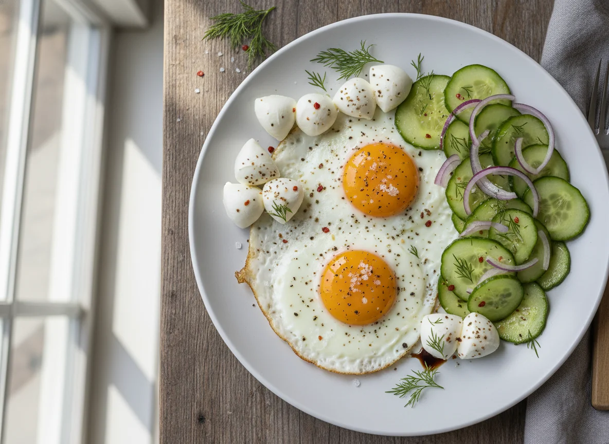 Fried Eggs, Mozzarella Balls, and Cucumber Salad photo