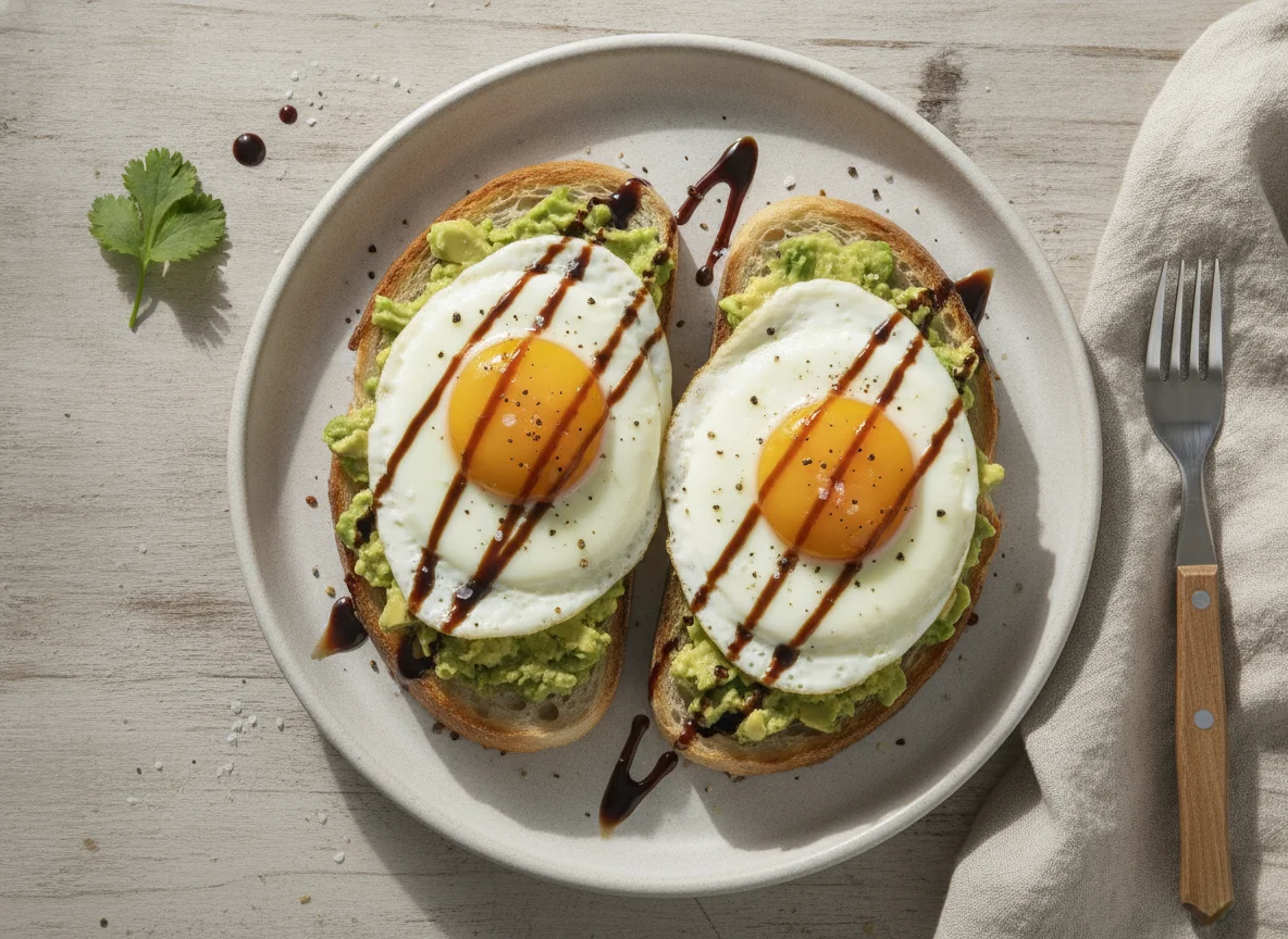 Fried eggs on avocado toast with balsamic glaze photo