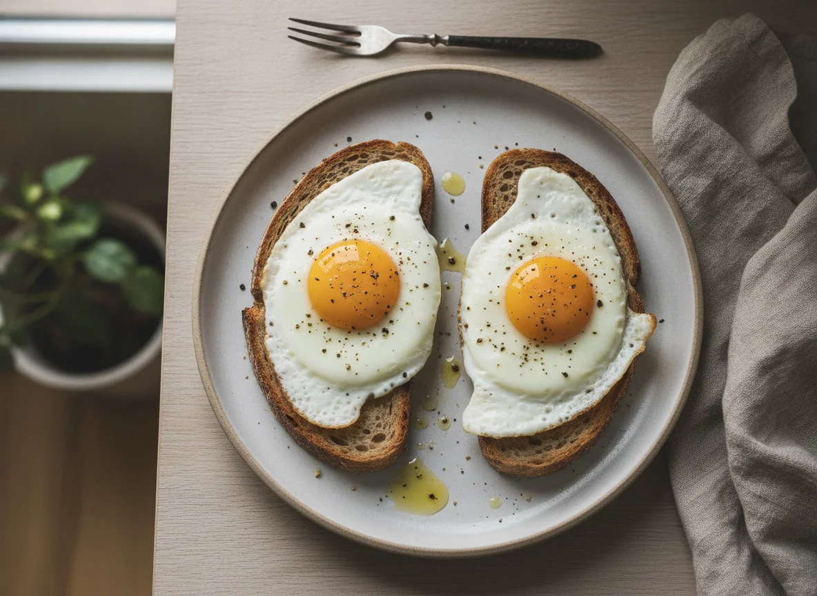 Fried eggs on brown toast photo