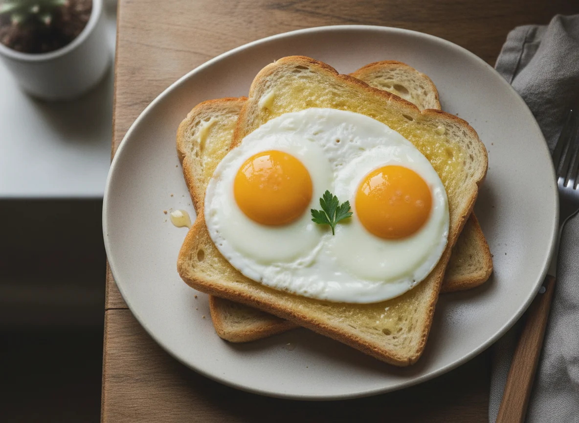 Fried eggs on buttered toast photo