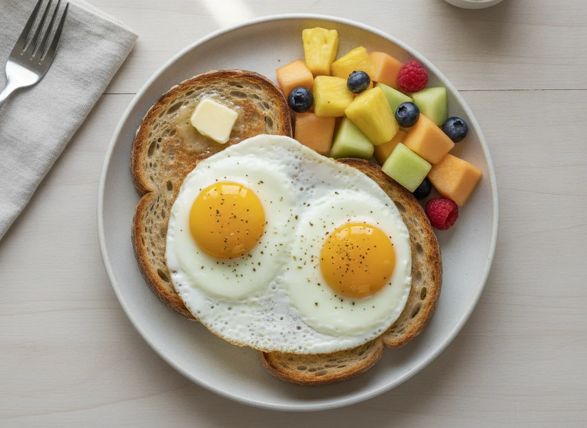 Fried eggs on sourdough toast with fruit salad photo