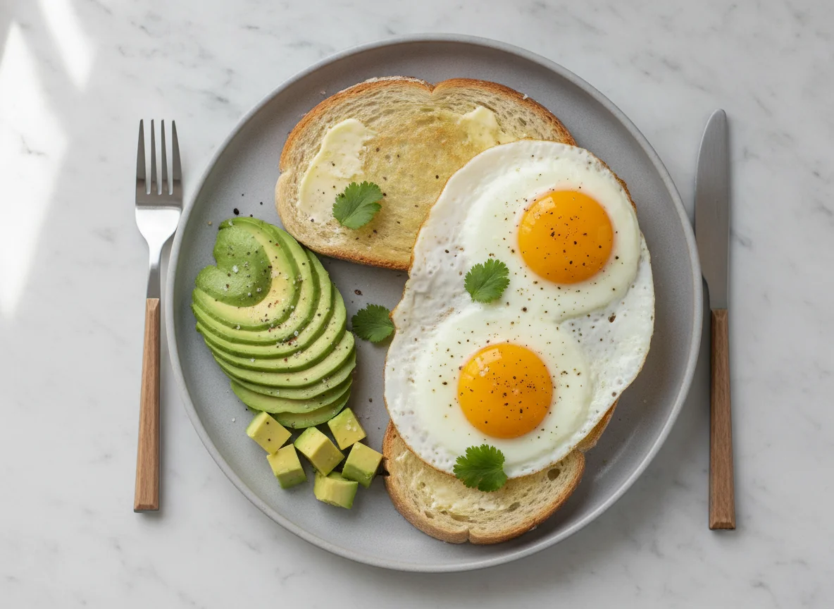 Fried eggs on toast with avocado photo