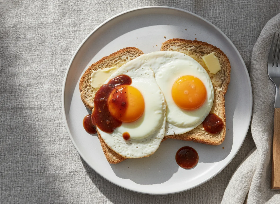 Fried eggs on toast with brown sauce photo