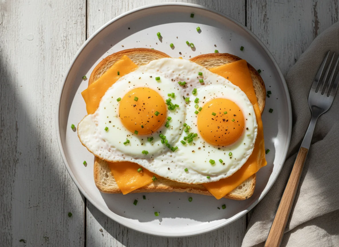 Fried Eggs on Toast with Cheese photo