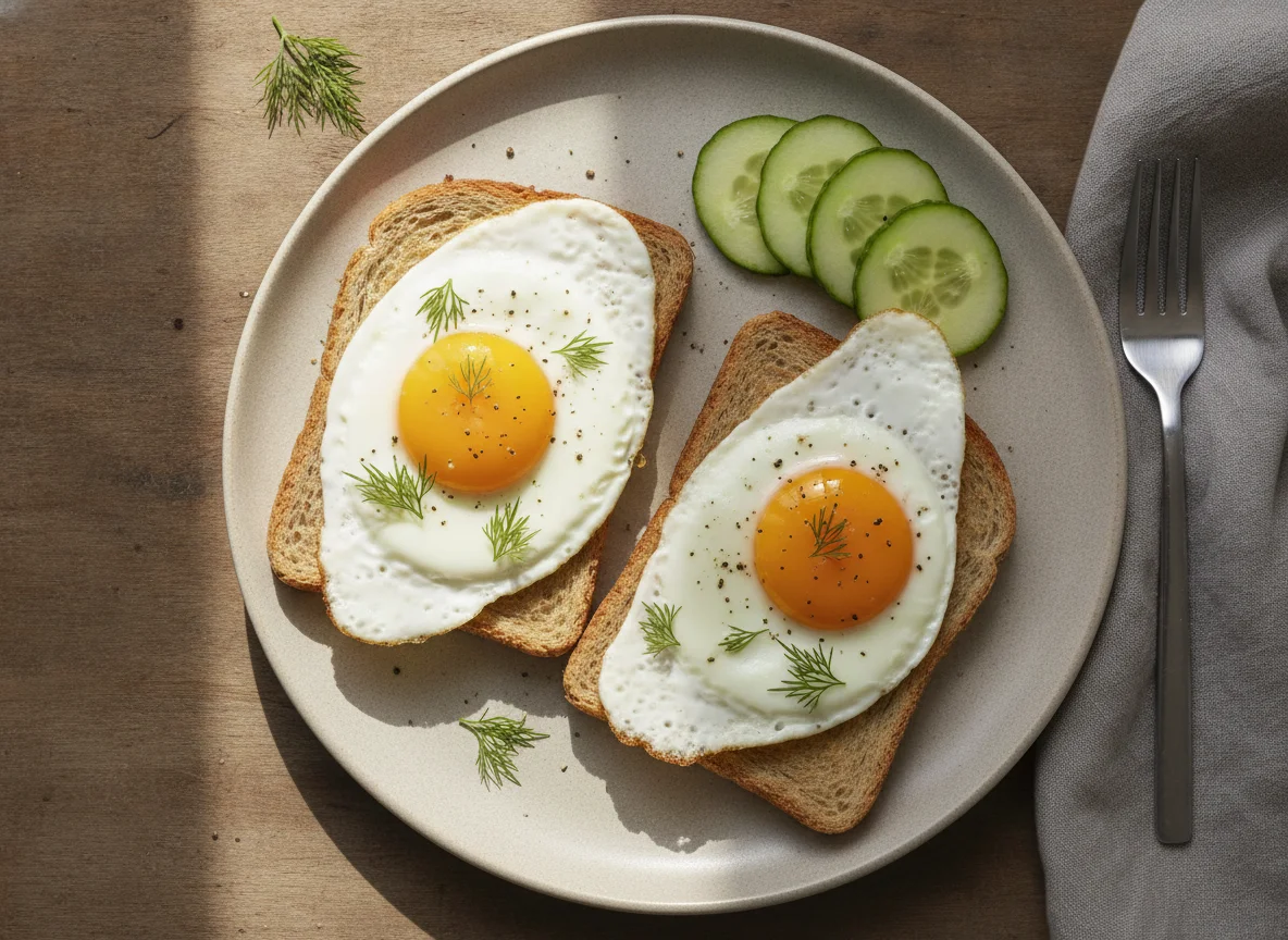 Fried Eggs on Toast with Cucumber photo