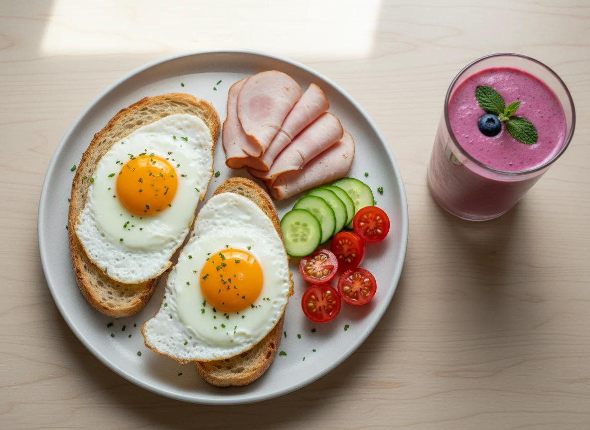 Fried eggs on toast with ham, vegetables, and smoothie photo