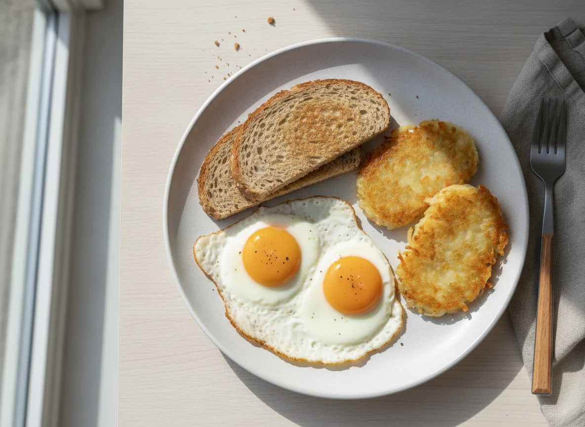 Fried Eggs on Toast with Hash Browns photo