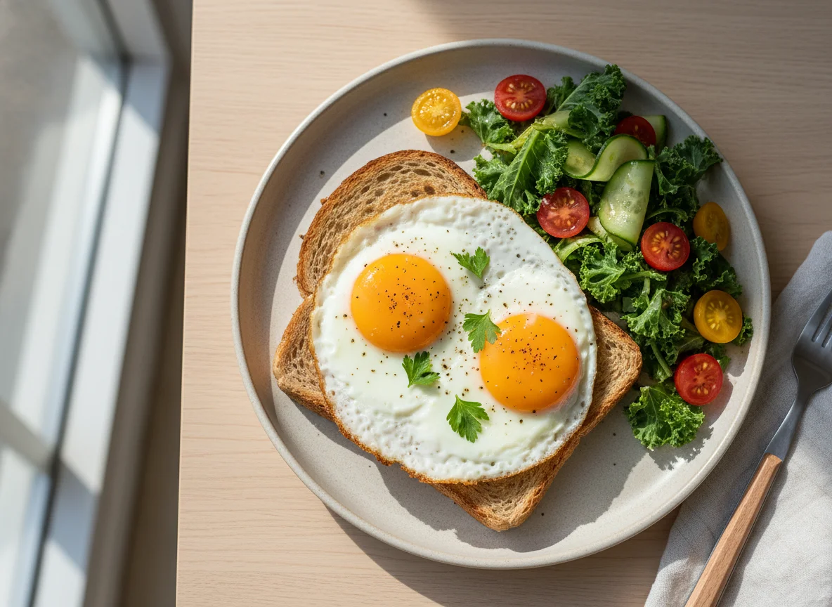 Fried Eggs on Toast with Kale and Tomato Salad photo