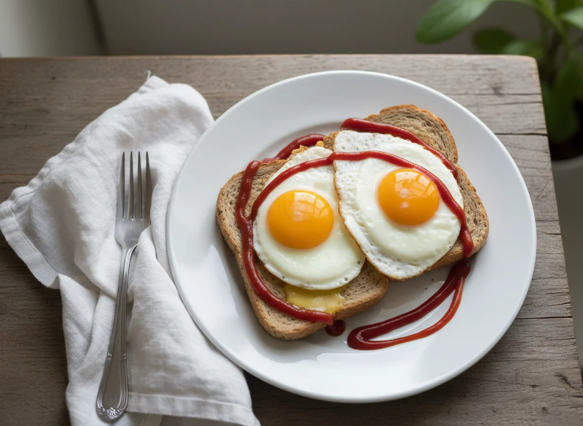 Fried Eggs on Toast with Ketchup photo