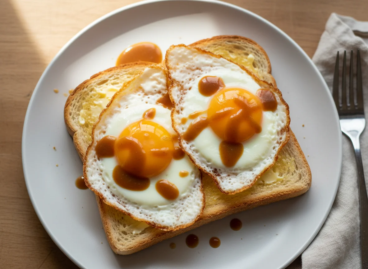 Fried Eggs on Toast with Sauce photo