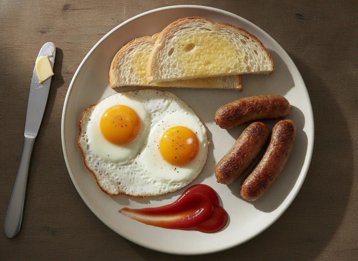 Fried eggs on toast with sausages and ketchup photo